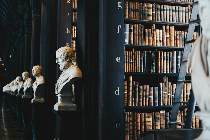 Historic law library with busts and bookshelves